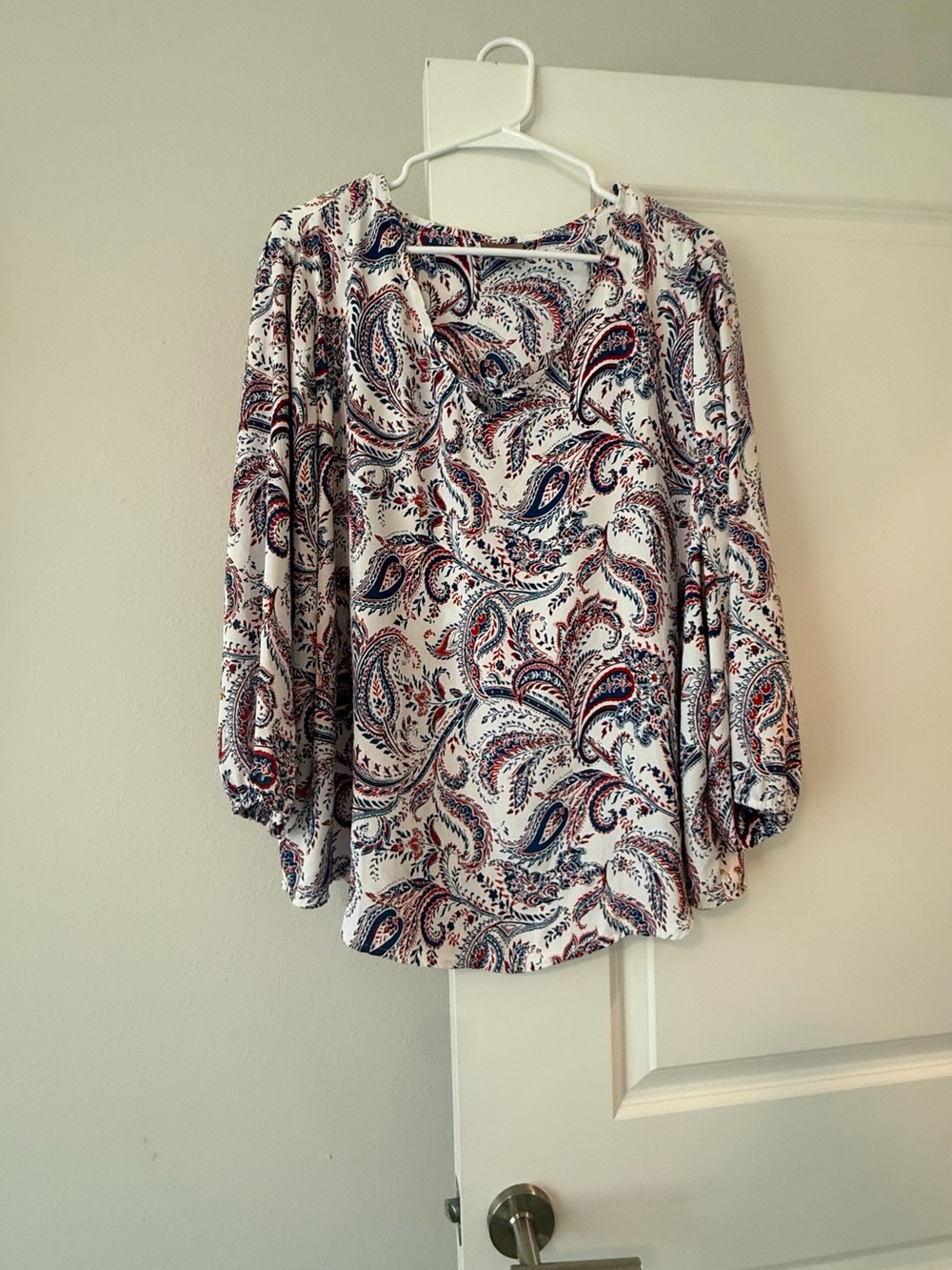 Chico's White Paisley Blouse with Navy & Red Accents - Picture 2 of 7